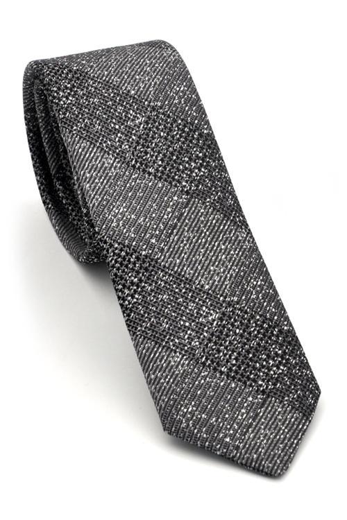 Füme Gri Verev Desenli Dokuma Kumaş Mendilli Slim Fit Kravat // SDK-240106