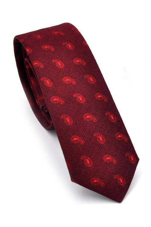 Kırmızı Şal Desenli Bordo Dokuma Kumaş Mendilli Slim Fit Kravat // SDK-240810