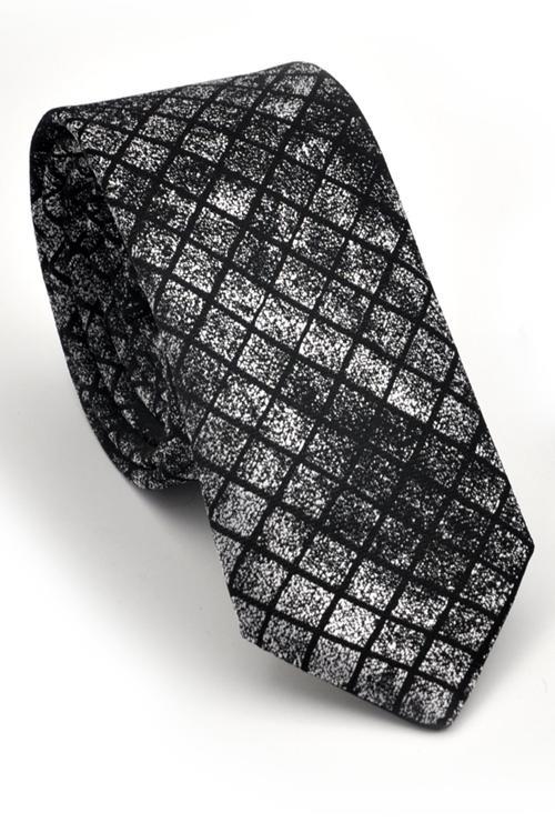 Gri Siyah Küp Desenli Dokuma Kumaş Mendilli Slim Fit Kravat // SDK230910