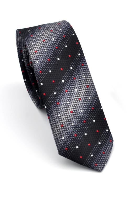 Gri Füme ve Siyah Verev Desenli Dokuma Kumaş Mendilli Slim Fit Kravat // SDK-240803