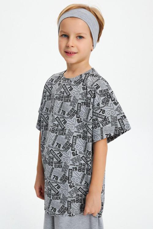 Erkek Çocuk %100 Pamuklu Penye Oversize Gri Desenli T-Shirt Yumuşak Gri Bandana 2'Li Takım Seri 5