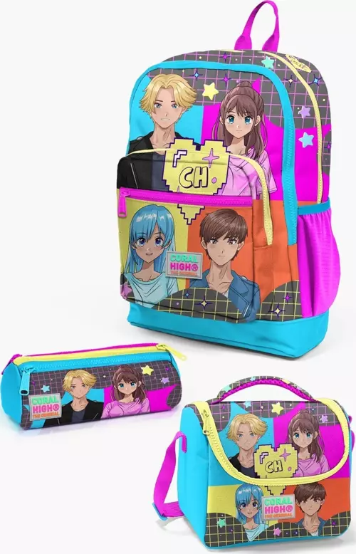 Kids Gri Mavi Pembe Anime Desenli 3’lü Okul Çanta Seti SET0123737