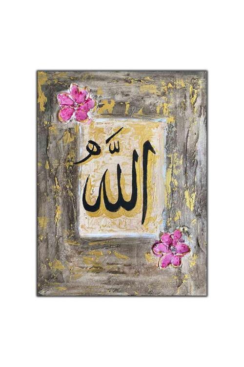 Pembe Çiçekli Gri Ve Altın Desenler Arapça Allah Yazısı Orijinal Yağlı Boya Tablo