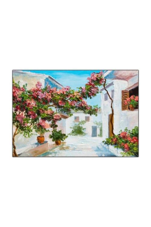 Bodrum Köy Evleri Ve Kır Çiçekleri Ekstra Yoğun Yağlı Boya Dokulu Tablo