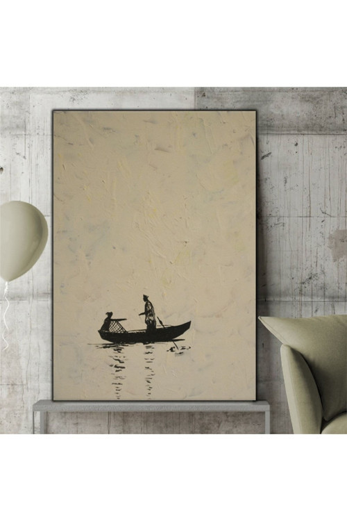 Beyaz Temalı Sandal Ve Deniz Orijinal Yağlı Boya Tablo