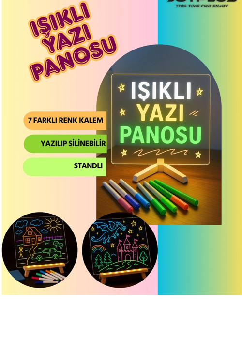 Neon Işıklı 7 Renk Işık Boyama Kalemli Led Resim Panosu Boyama Tahtası Kalemleri 20 X 20