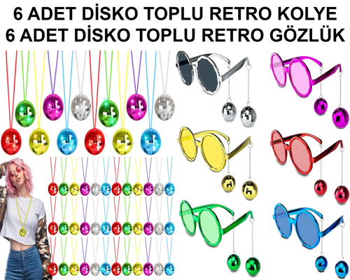 12 Parça Renkli Disko Toplu Retro Parti Seti – 6 Kolye + 6 Gözlük