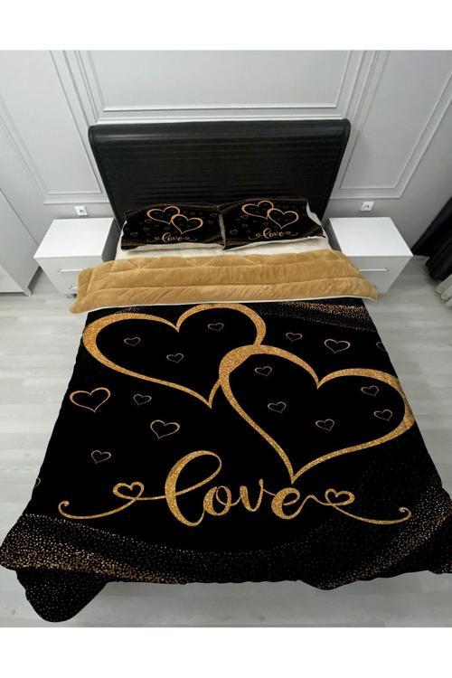 Welsoft Pofuduk Çift Taraflı Love Kalpli Desenli Çift Kişilik Yorgan Uyku Seti