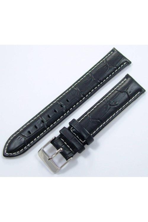 Bizon Deri Saat Kayışı 18Mm Siyah Saat Kordonu Kroko Beyaz Dikişl