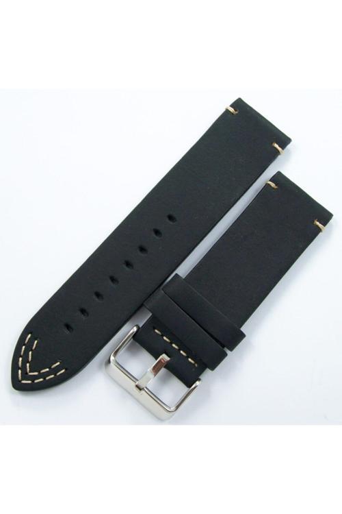 Bizon Nubuk Siyah Deri Saat Kordonu 24Mm Spor Kayışı Krem Dikişli