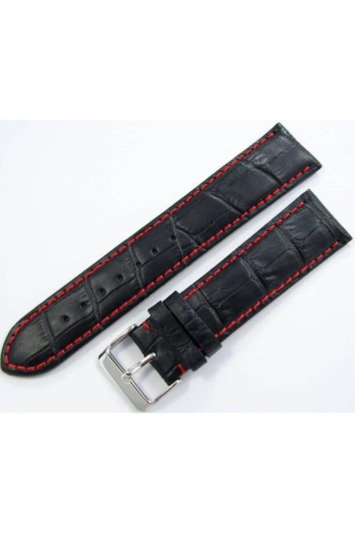 Cobra Siyah Deri Saat Kordonu 22Mm Kayışı Kırmızı Dikişli Kroko