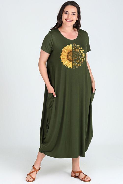 Büyük Beden Sun Flower Baskılı Jumbo Kısa Kol Elbise