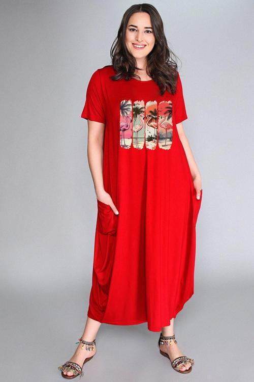 Büyük Beden Flamingo Baskılı Jumbo Kısa Kol Elbise