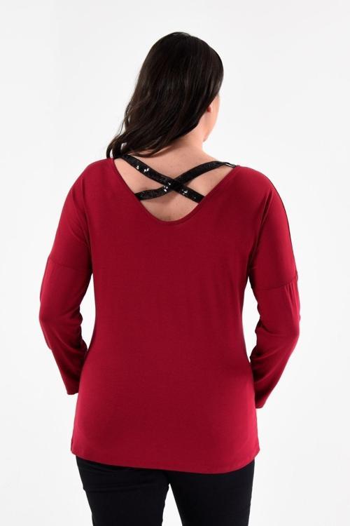 Büyük Beden Sırt Çapraz Pul Şerit Uzun Kol Bluz