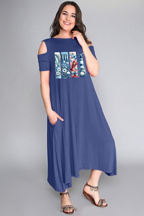 Büyük Beden Deniz Feneri Salty Baskılı Omuz Açık Elbise