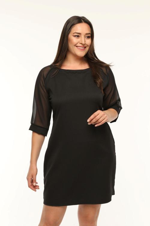 Büyük Beden Yuvarlak Yaka Şifon Kol Atlas Elbise