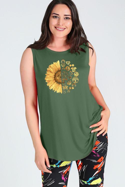 Büyük Beden Sun Flower Baskılı Kolsuz Viskon Basic Bluz