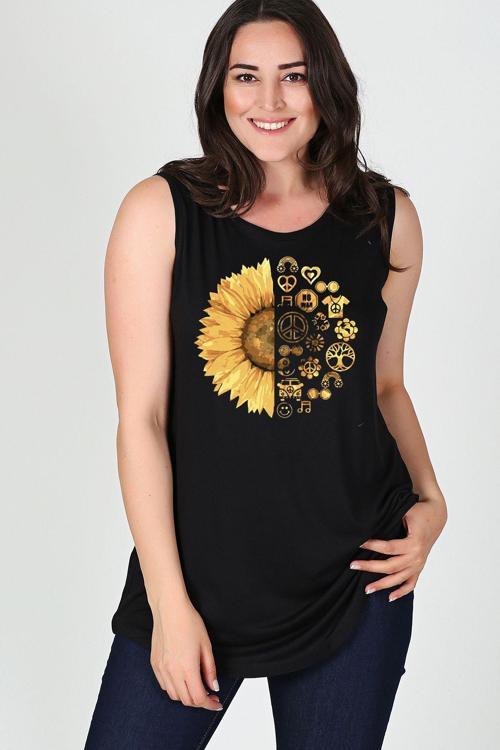 Büyük Beden Sun Flower Baskılı Kolsuz Viskon Basic Bluz