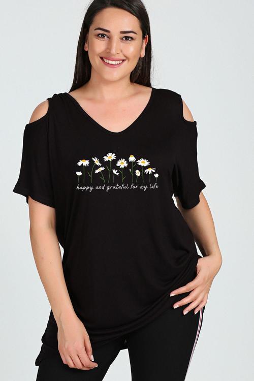 Büyük Beden Daisies Baskılı Omuzu V Pencere Kısa Kol Bluz