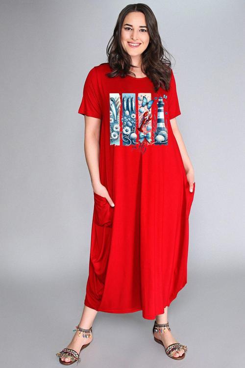 Büyük Beden Deniz Feneri Salty Baskılı Jumbo Kısa Kol Elbise