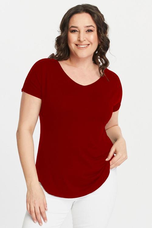 Büyük Beden Geniş V Yaka Kısa Kol Oval Yırtmaç Bluz