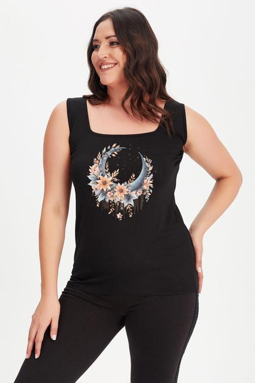 Büyük Beden Boho Hilal Baskılı Kare Yaka Kalın Askılı Atlet Bluz