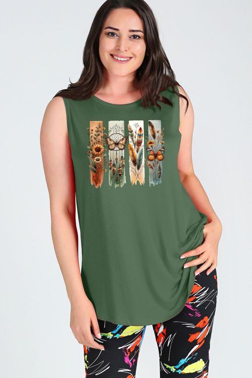 Büyük Beden Boho Kelebek Baskılı Kolsuz Viskon Basic Bluz