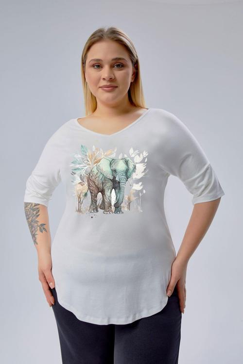 Büyük Beden Fil Baskılı Yarım Kol Yan Yırtmaç Bluz