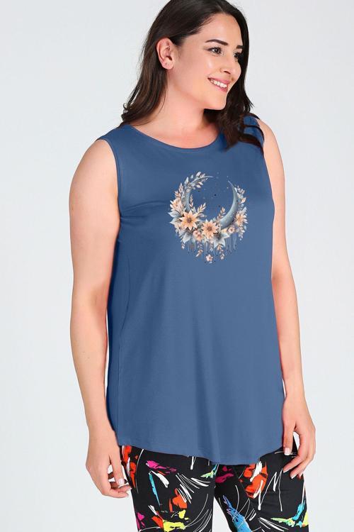 Büyük Beden Boho Hilal Baskılı Kolsuz Viskon Basic Bluz