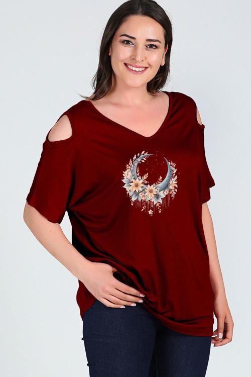 Büyük Beden Boho Hilal Baskılı Omuzu V Pencere Kısa Kol Bluz
