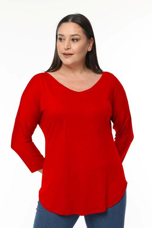 Büyük Beden Geniş V Yaka Yarım Kol Oval Yırtmaç Bluz
