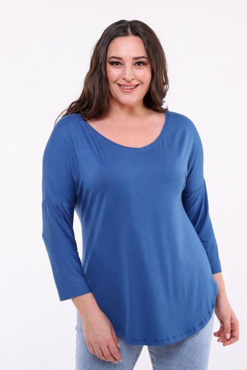 Büyük Beden Geniş V Yaka Yarım Kol Oval Yırtmaç Bluz