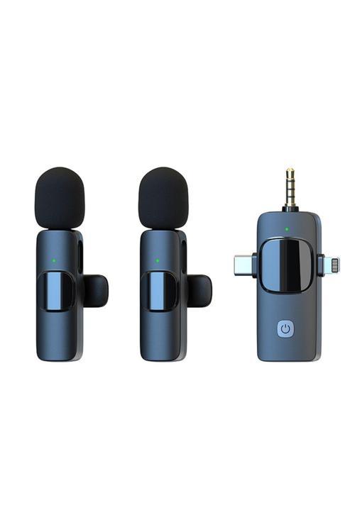 İkili Kablosuz Yaka Mikrofonu 3.5Mm Aux İphone Type-C Pc Tablet Video Kayıt Vlog Usb C Ve Amfi