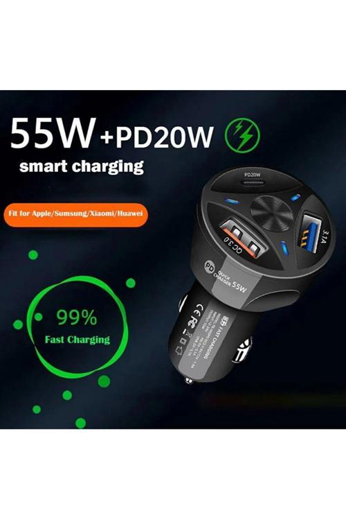 Araç Çakmaklık Şarjı 2 Usb + 20W Pd Şarj Çıkışlı Hızlı Şarj Destekli 55W Qc 3.0