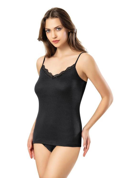 Kadın Fitilli Ribana Yumuşak Yaka Dantel Detaylı V Yaka Atlet Kota  6421