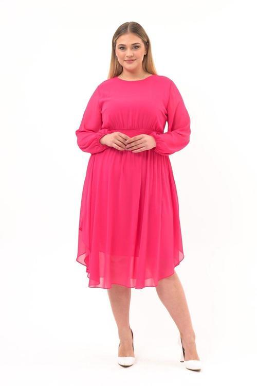 Kadın Fuşya Bisiklet Yaka Uzun Kol Detaylı Midi Boy Şifon elbise 4466/120
