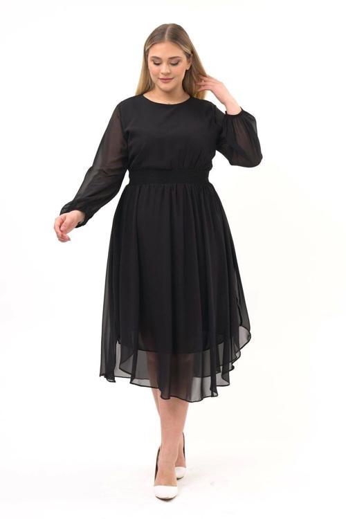 Kadın Siyah Bisiklet Yaka Uzun Kol Detaylı Midi Boy Şifon elbise 4466/120