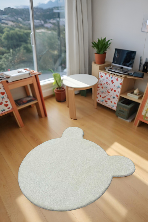 Peluş Ayıcık Halı Kaymaz Tabanlı Yıkanabilir Çocuk & Oyun Odası Halısı Krem
