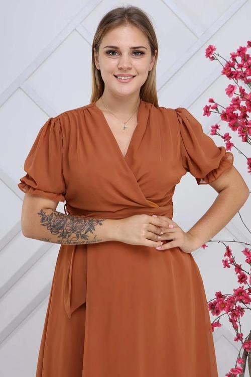 Kadın Kruvaze Yaka Kuşaklı Büyük Beden Midi Boy Şifon Elbise 4255/110