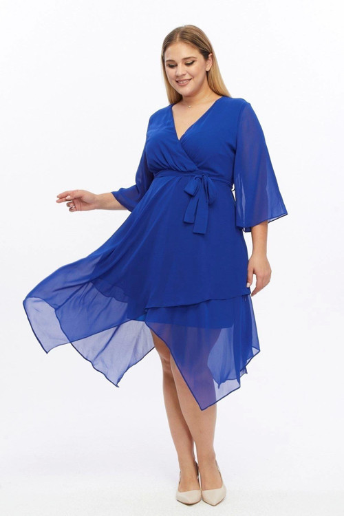 Kadın Saks Kruvaze Yaka Uzun Kol Detaylı Midi Boy Şifon elbise 4465/120