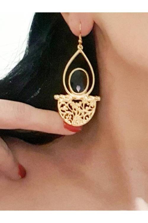 Gold Kaplama Antik Çelik Desenli Siyah Taşlı Kadın Sallantılı Damla Küpe