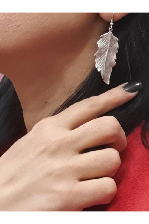 Gümüş Kaplama Antik Çelik Kadın Yaprak Objeli Otantik Sallantılı  Küpe