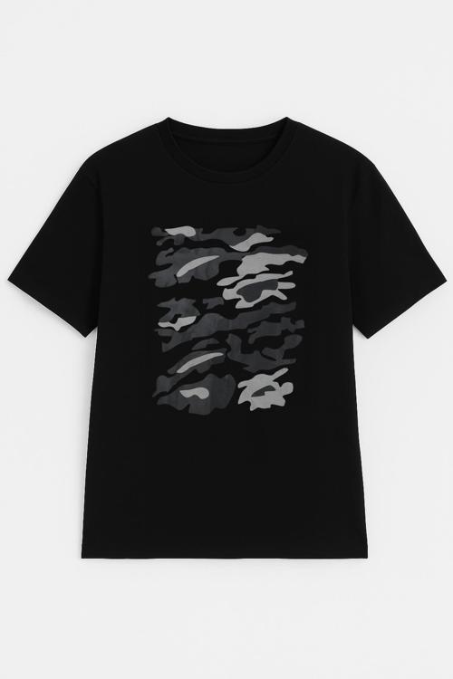Kadın Bisiklet Yaka %100 Pamuk Baskılı Siyah T-shirt