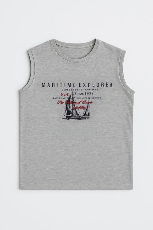 Erkek Bisiklet Yaka Baskılı Açık Mavi Kolsuz T-shirt