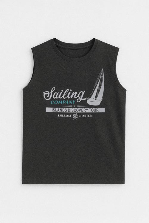 Kadın Bisiklet Yaka Baskılı Antrasit Kolsuz T-shirt