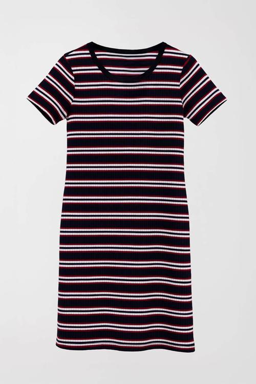 Kadın Çizgili Bisiklet Yaka Esnek Lacivert T-shirt Elbise