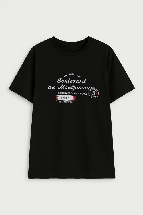 Kadın Bisiklet Yaka Baskılı Siyah T-shirt