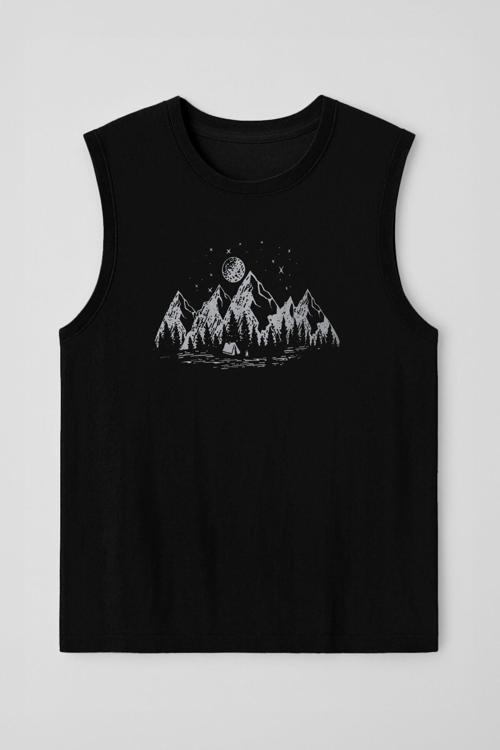 Kadın Bisiklet Yaka Baskılı Siyah Kolsuz T-shirt