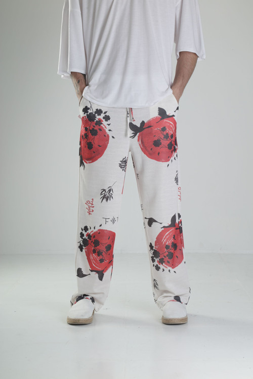 Beyaz Chinese Desenli Baggy Pantolon