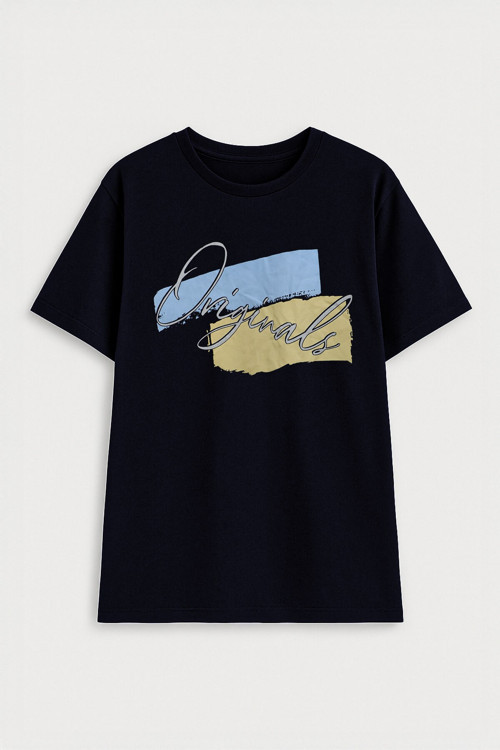 Kadın %100 Pamuk Bisiklet Yaka Baskılı Lacivert T-shirt